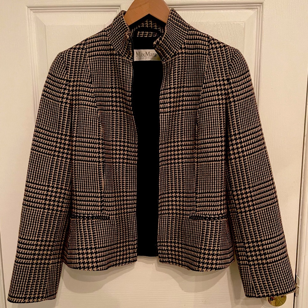 MaxMara Black and Cream Glen Plaid Tailored Blazer